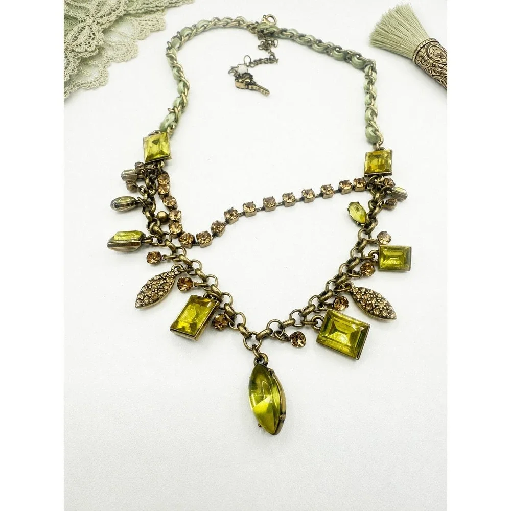 Betsey Johnson Green Rhinestone Bib Statement Necklace Fabric Chain Signed